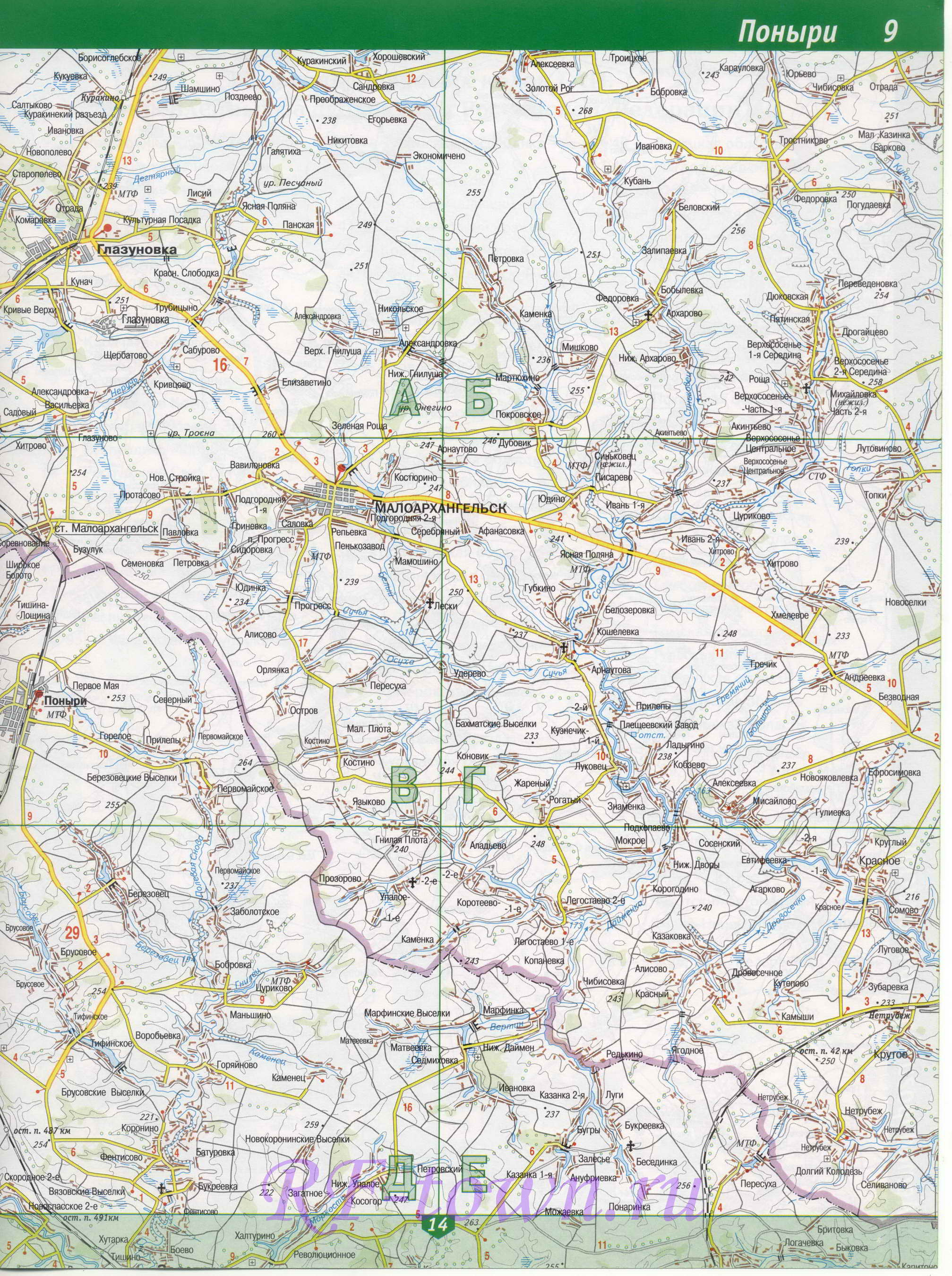Карта Поныровского района Курской области. Подробная карта Поныровский район, B0 - 